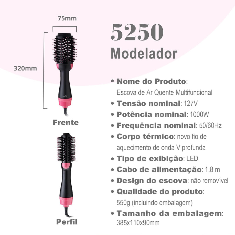 3 em 1 Escova Secadora, Modeladora,Escova Secadora Alisadora Modeladora 1000w Uso Profissional 110V. Com tecnología íon, escova Facilitadora no trato de seus cabelos.